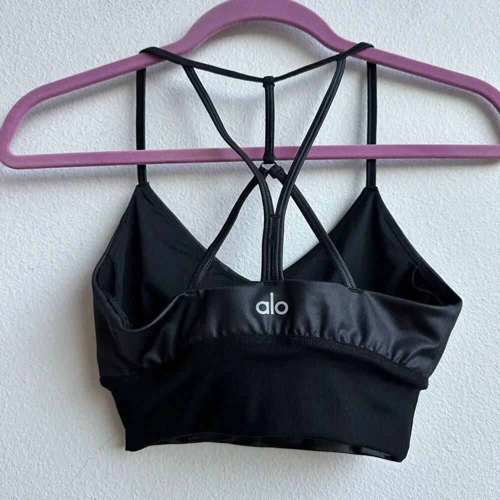 Alo Yoga Lavish Bra Bralette Strapped Mesh Band Glossy Black Lurex Shine Size XS